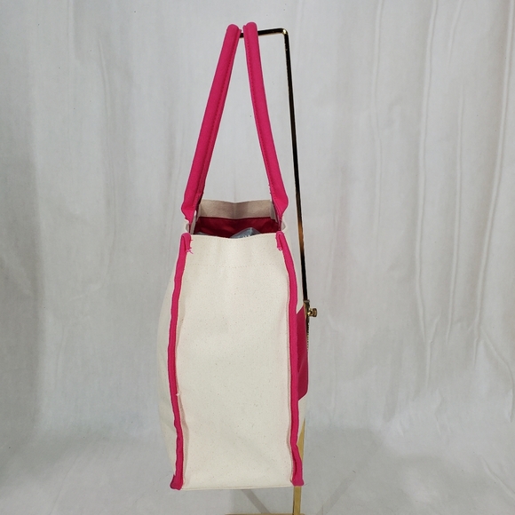 Juicy Couture Beige Canvas Tote Bag Pink Trim Logo Handle Errand Shopping School - Picture 4 of 13